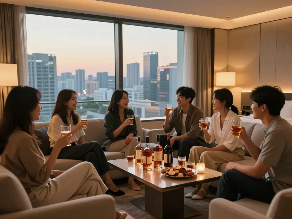 Elegant private room at a 강남쩜오 venue with guests enjoying drinks, showcasing refined atmosphere and city skyline.