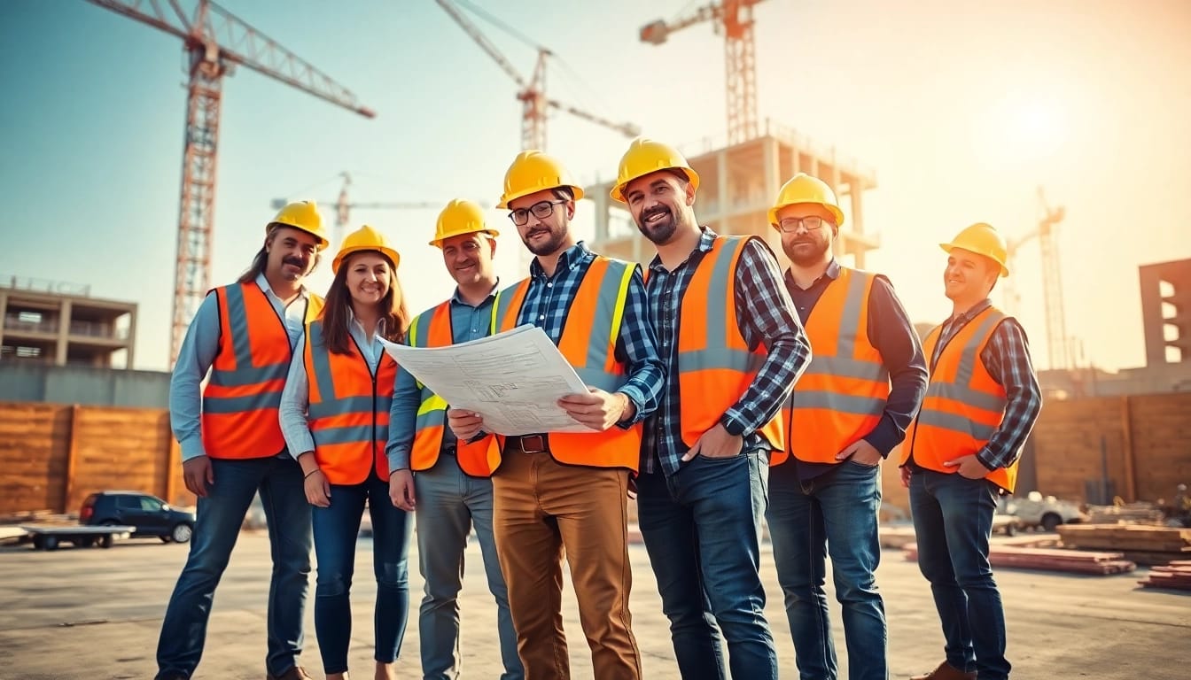 Team members of the construction association South Carolina reviewing blueprints on site.