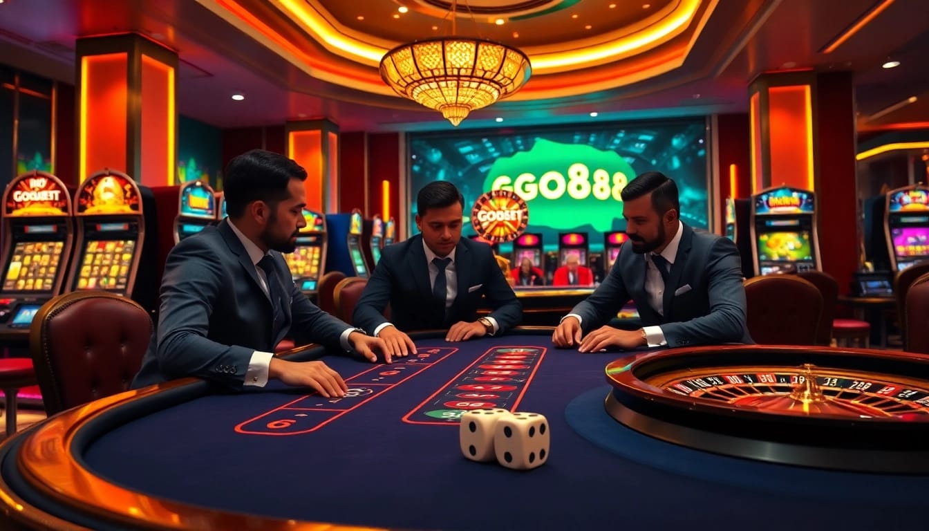 Experience the thrill of go88 at a high-stakes poker game with vibrant slots and roulette.