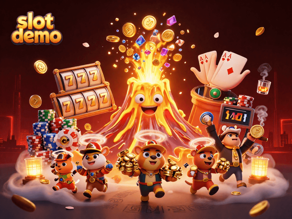 Demo slot menampilkan gunung berapi emas yang meletus dengan koin dan harta karun, menghadirkan suasana kasino yang memikat.
