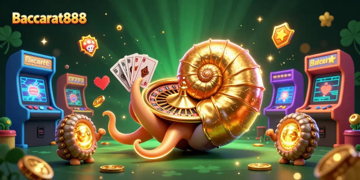 Baccarat888 offers an exciting gaming experience with a vibrant scene of a nautilus roulette wheel and glowing gameplay elements.