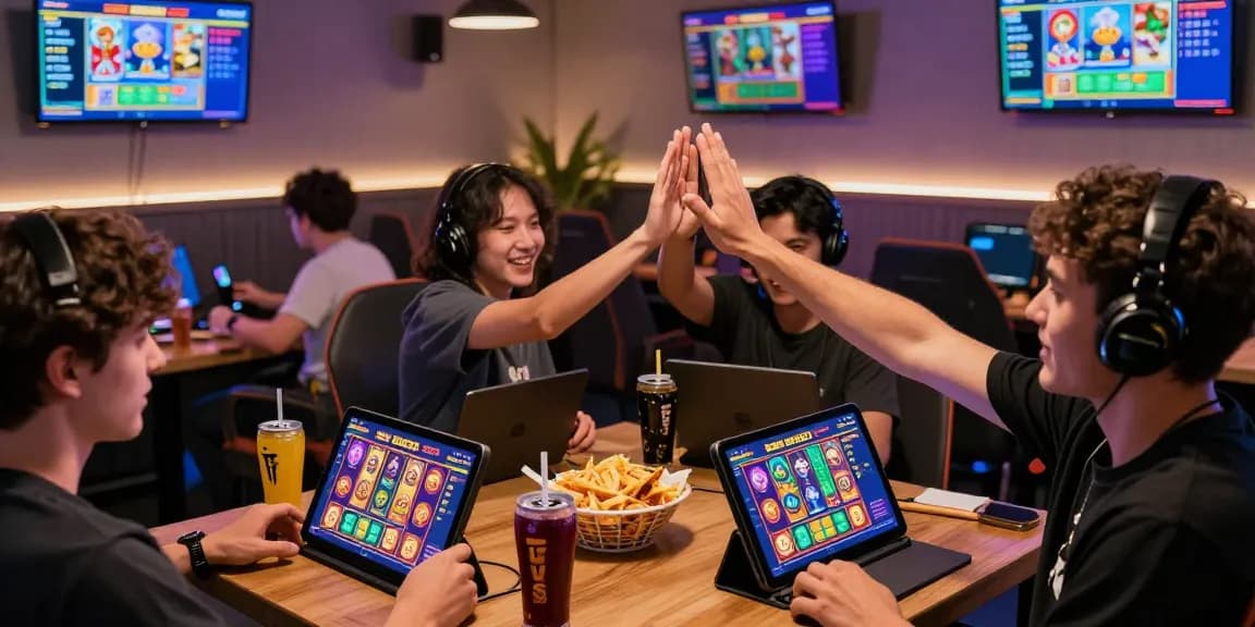 Engaged players enjoying slot gacor at ZEUS222 app in a vibrant gaming lounge.