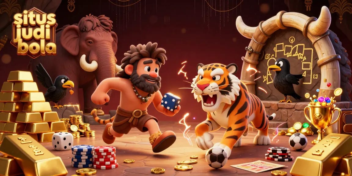 Actively placing bets at situs judi bola with cavemen and a sabertooth tiger at a vibrant casino.