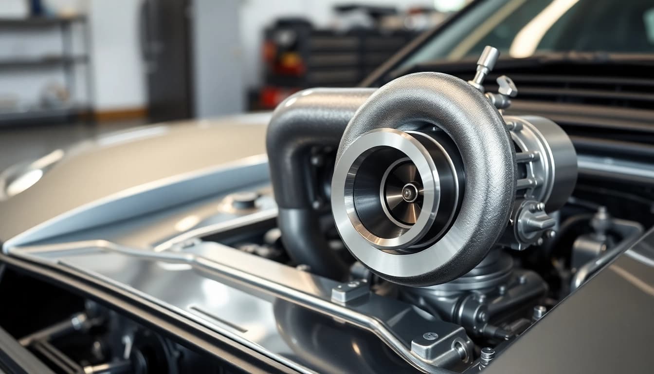 Showcasing a Turbosmart ball bearing turbo mounted on a sports car engine for performance optimization.