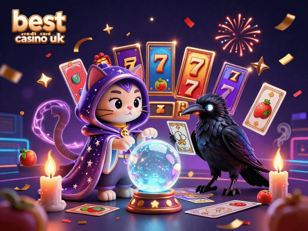 Engage at the best credit card casino UK with vibrant slot reels and a mystical scene of fortune tellers.