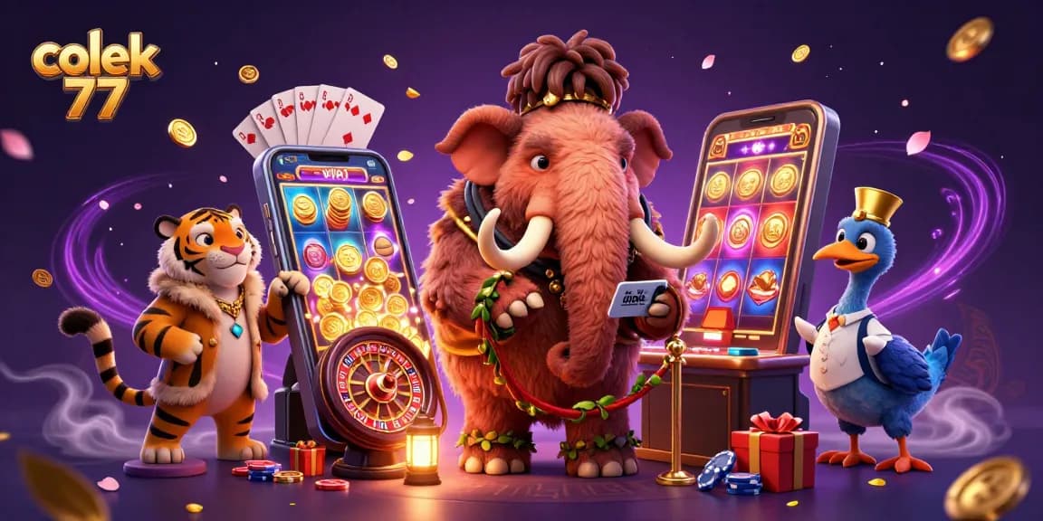 Celebreate wins with colek 77 at a vibrant casino full of action and excitement, featuring playful characters.