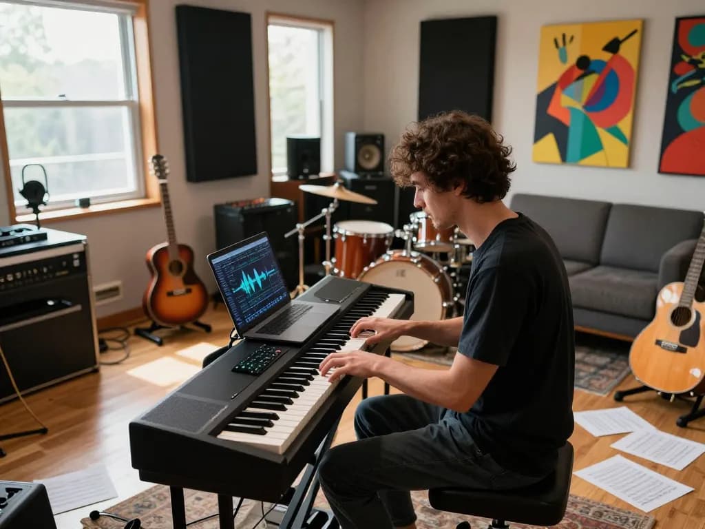 Musician playing the go 88 digital piano in a bright, modern studio with musical instruments and creative decor.