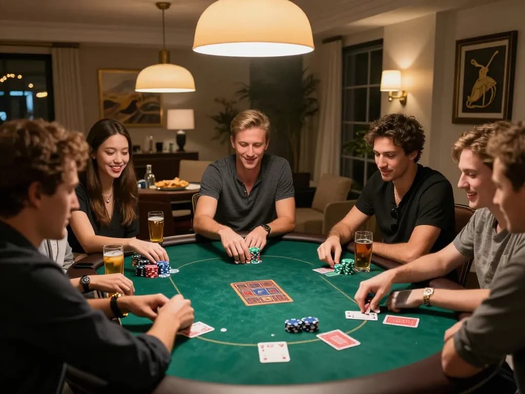 Players engaging in a competitive poker game during 888now đăng nhập at a stylish home setup.