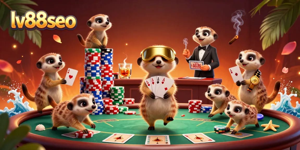Experience the thrilling lv88seo casino scene with lively meerkats, poker elements, and vibrant visuals.