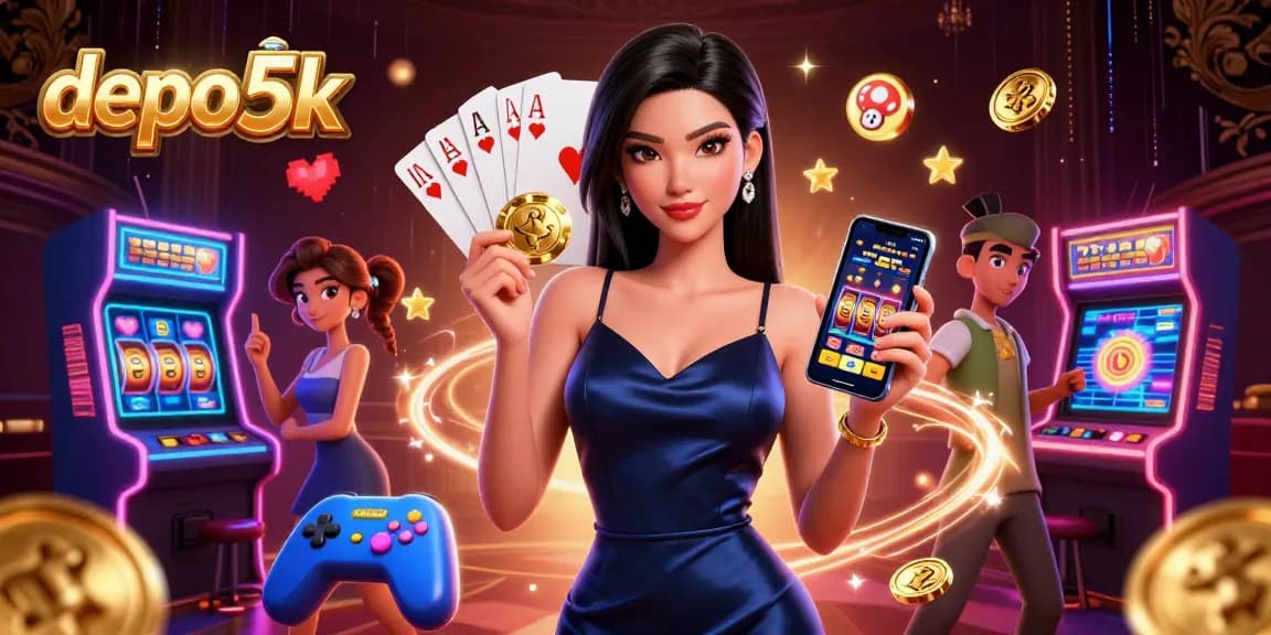 Engage with depo 5k slots in a vibrant casino scene with dazzling 3D elements and characters.