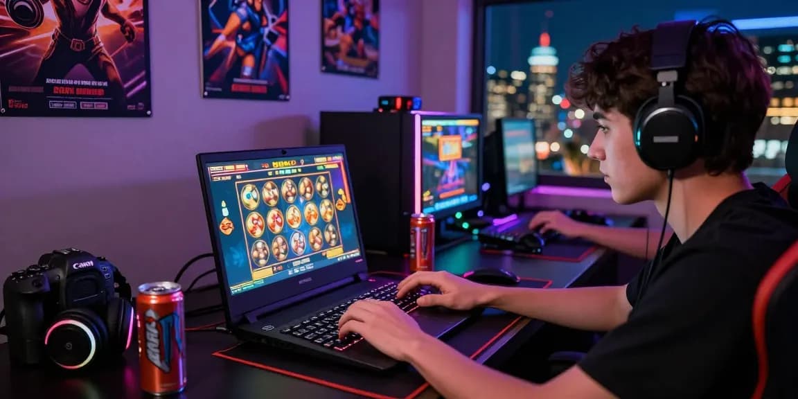 Player engaged in slot depo 5k gaming with laptop, neon lights, and energy drinks in a vibrant atmosphere.
