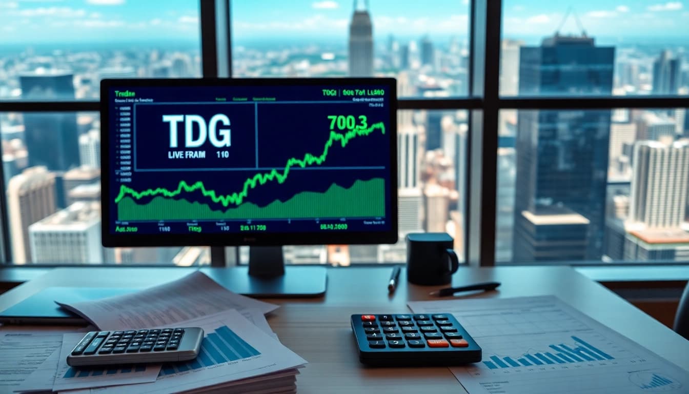 Monitor displaying TDG stock price analysis in a professional workspace with cityscape background.