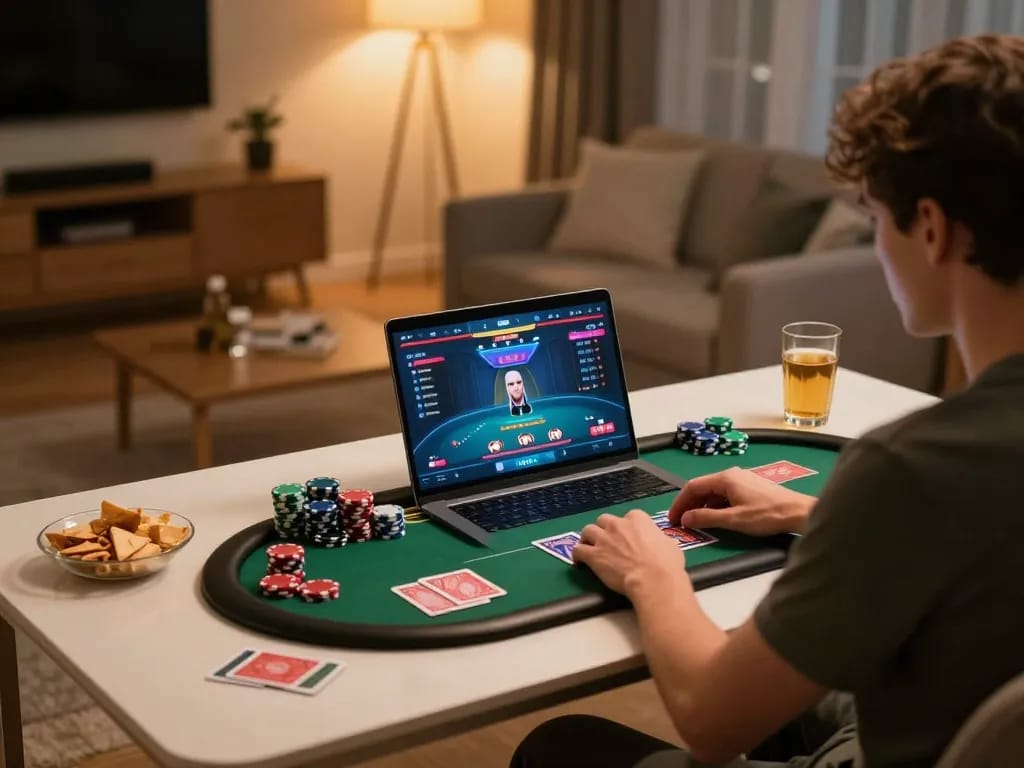 Engaging gaming moment at home as a player enjoys vipwin online poker with snacks nearby