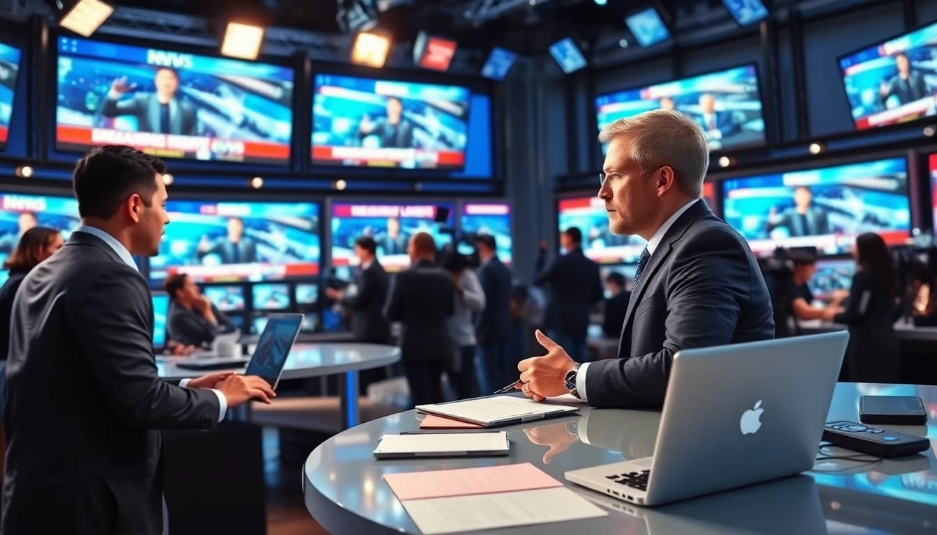 Report breaking news in a dynamic newsroom with lively updates.
