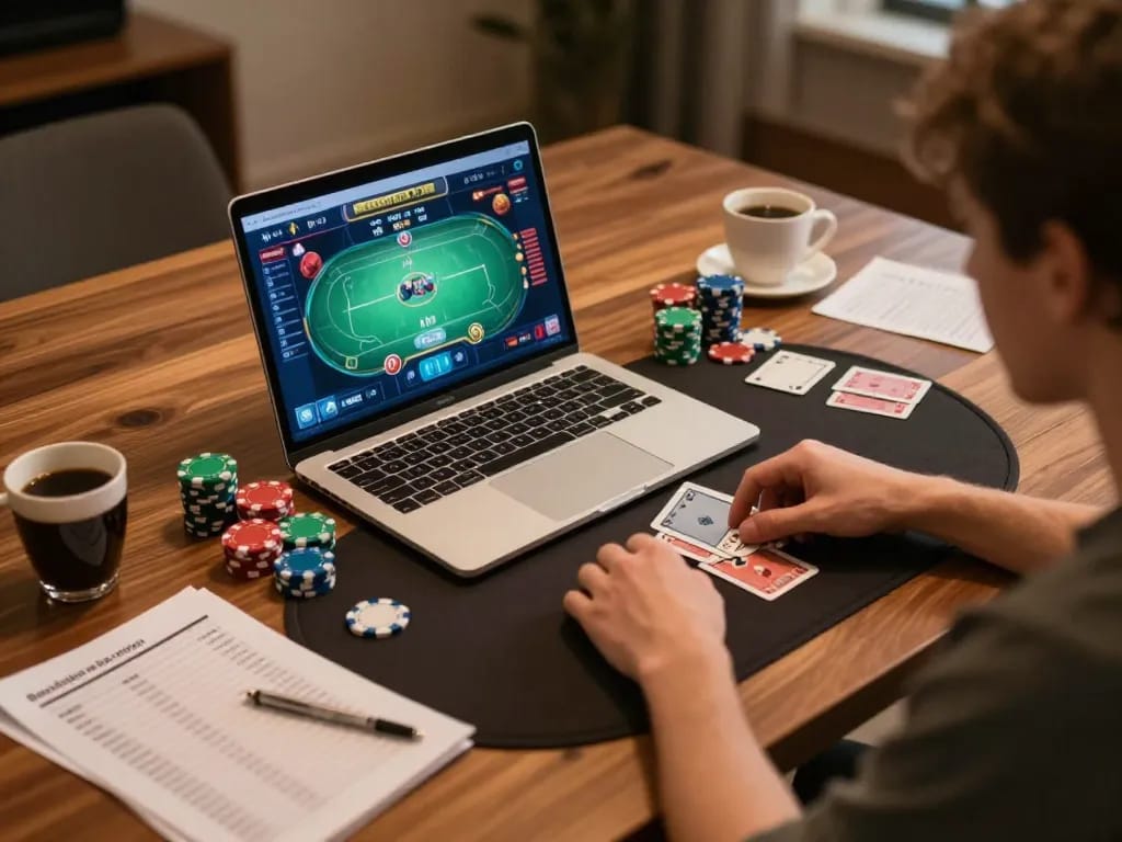 Taking part in strategic poker gameplay on tg88's online platform, highlighting an engaging home gaming atmosphere.