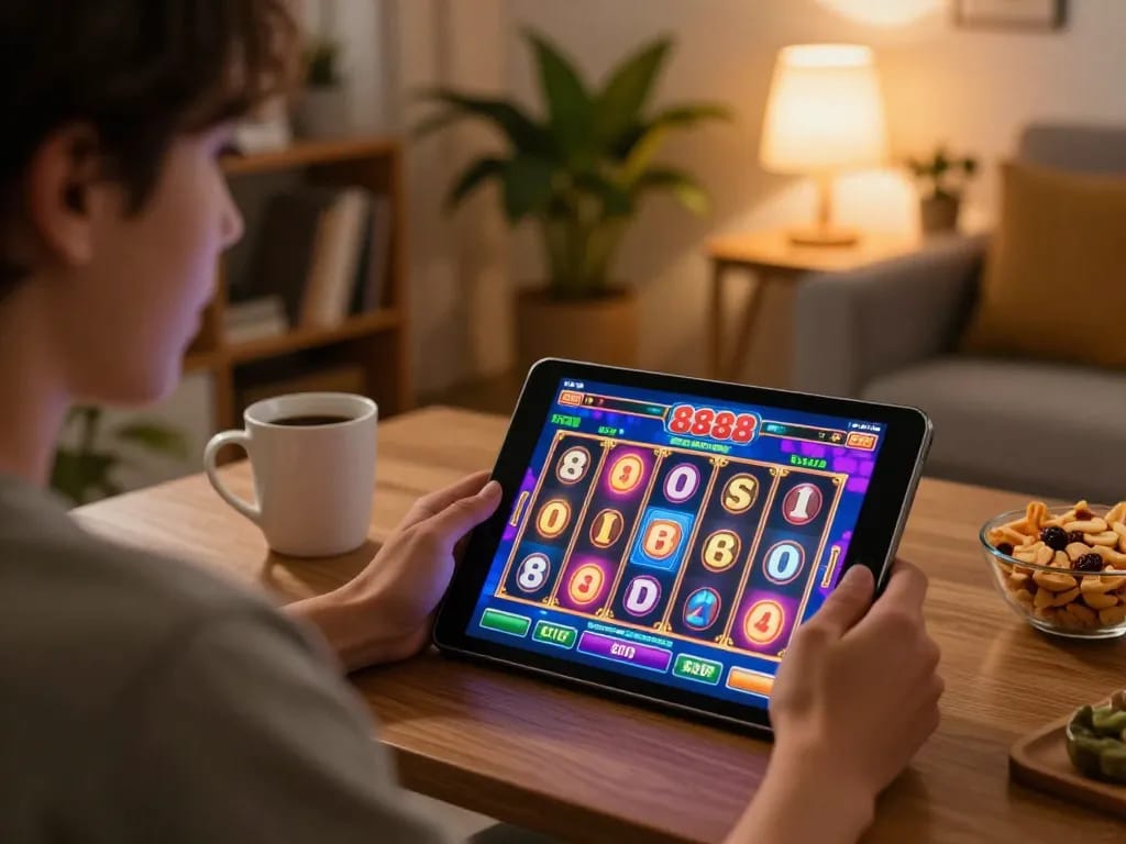 Engaging in slot88 online gaming while enjoying a cozy home atmosphere.