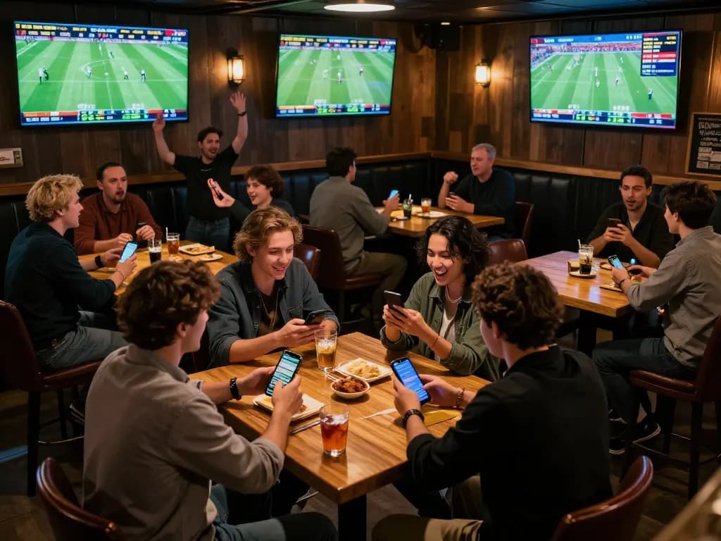 KQBD sports fans excitedly placing live bets on mobile devices during a match.
