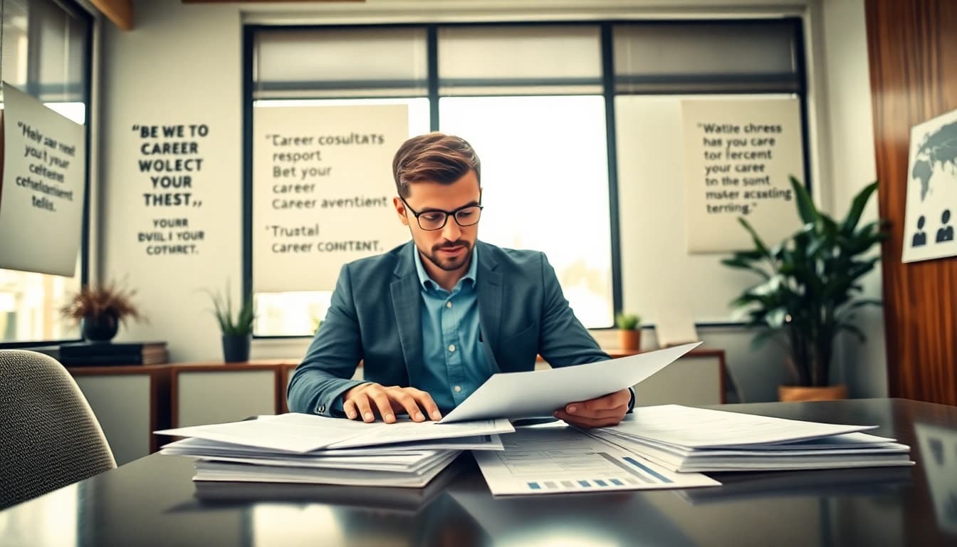 Career consultant reviewing resumes in a professional office environment.