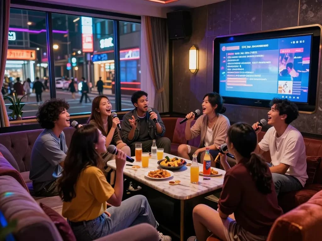 다채로운 조명과 생동감 넘치는 분위기 속에서 부평쓰리노 노래방에서 즐거운 시간을 보내는 친구들.