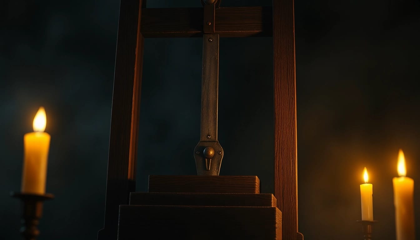 The guillotine origin phrase represented through an atmospheric illustration of a historical guillotine.