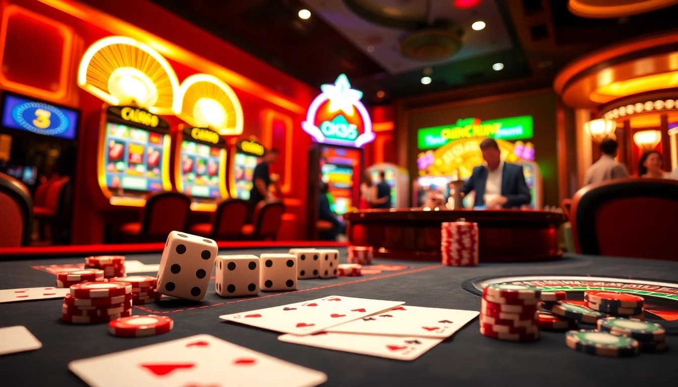 Players enjoying an exhilarating game at OK365's luxurious casino table with cards and chips.