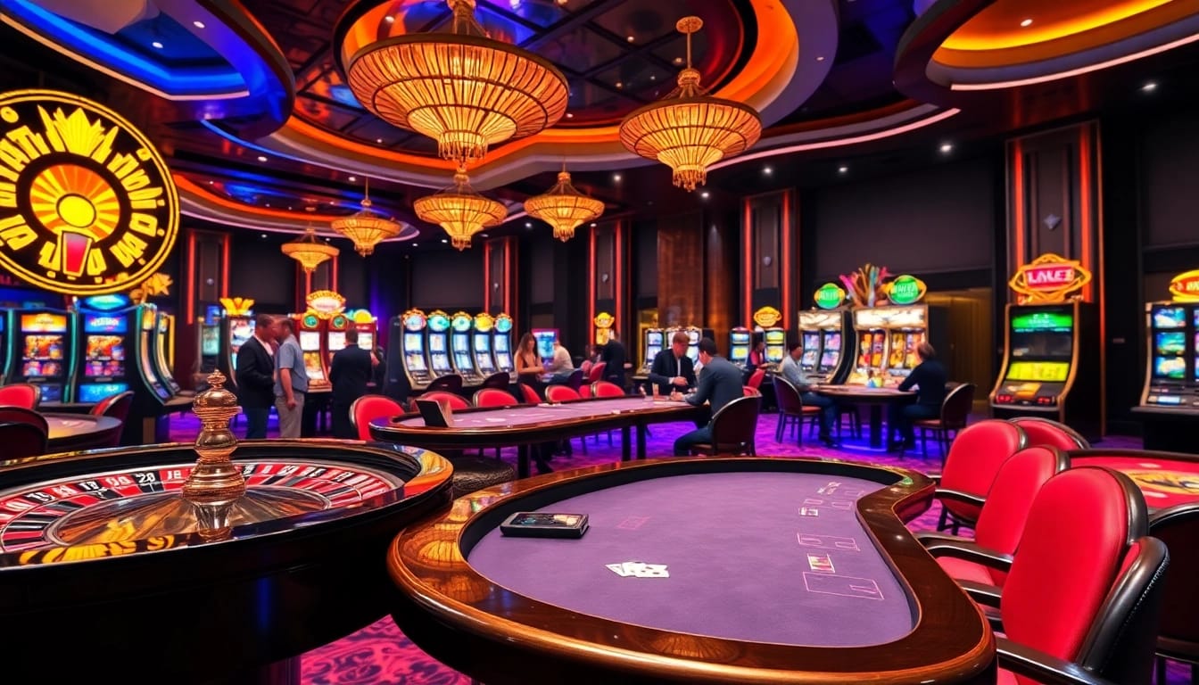 Exciting gaming scene at trang chủ thabet featuring roulette, poker, and slots.