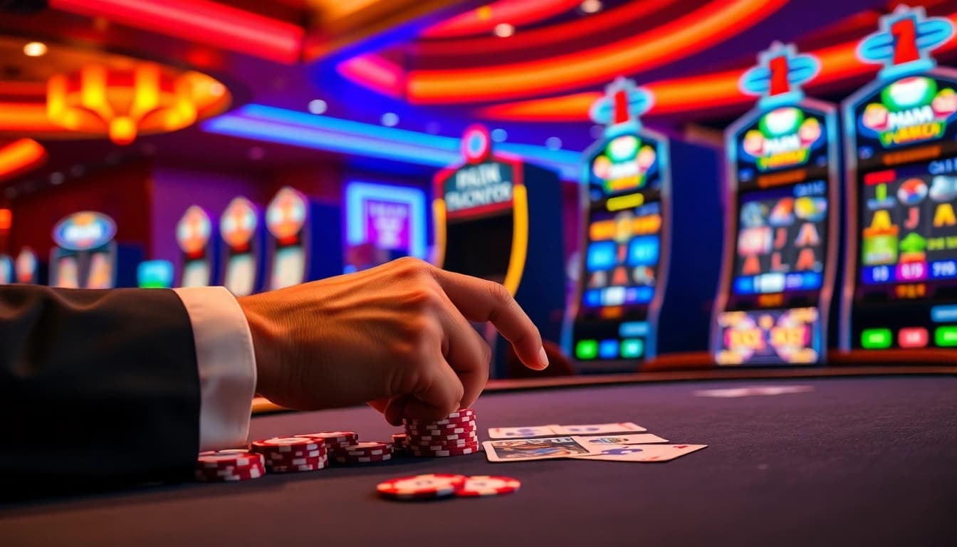 Adegan kasino yang menarik menampilkan mesin slot yang mendebarkan dan aksi poker dengan branding jmacdonaldphoto.com.