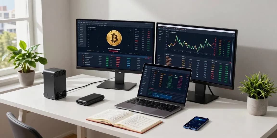 Mining crypto online with professional setup showcasing blockchain dashboards and security-focused elements in a vibrant home office.
