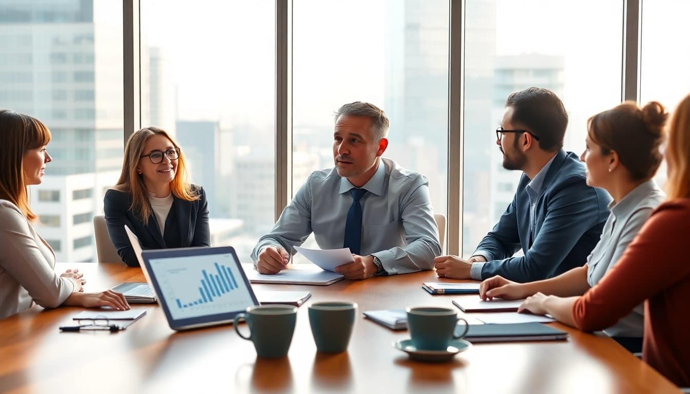 Beratung bei https://zukunftkapital.de im modernen Büro mit Finanzexperten und Klienten.