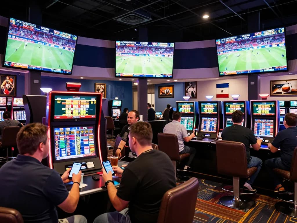 Exciting sports betting scene at 388bet casino with enthusiastic gamblers engaged in live betting
