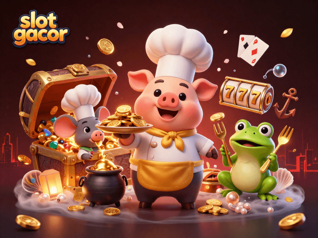 Jelajahi slot gacor dengan chef babi yang melayani tumpukan koin emas, mouse dan katak menghidangkan sajiannya.
