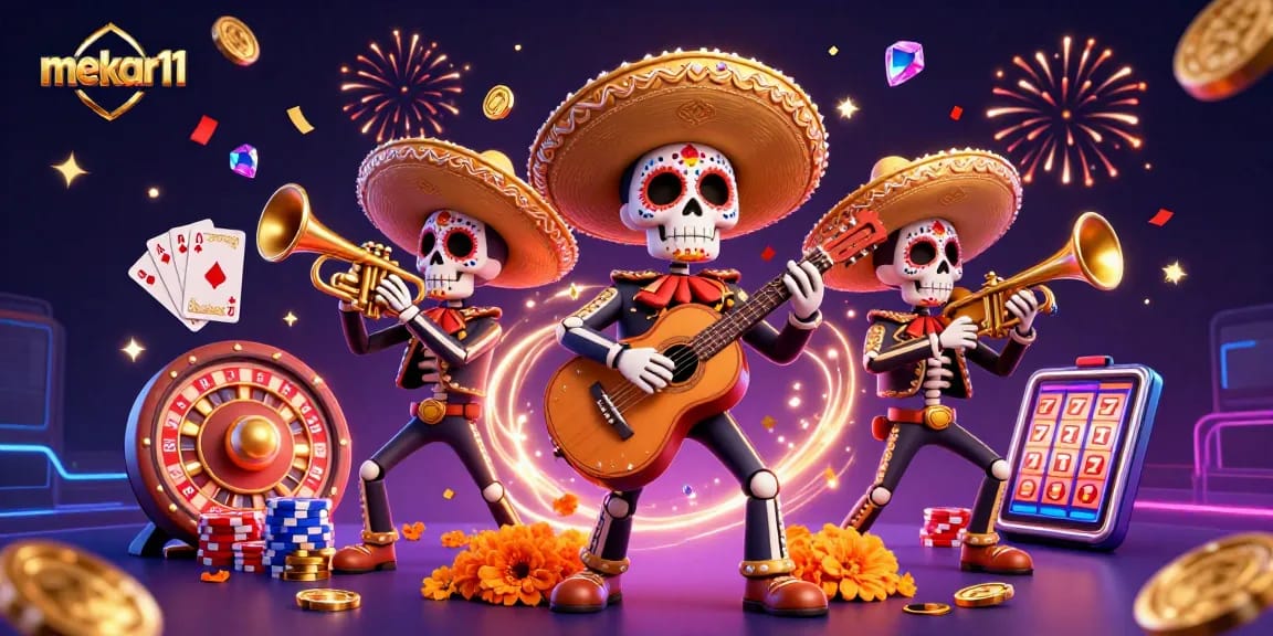 Mekar11 showcases thrilling gaming with vibrant skeleton mariachi band amid gold coins.