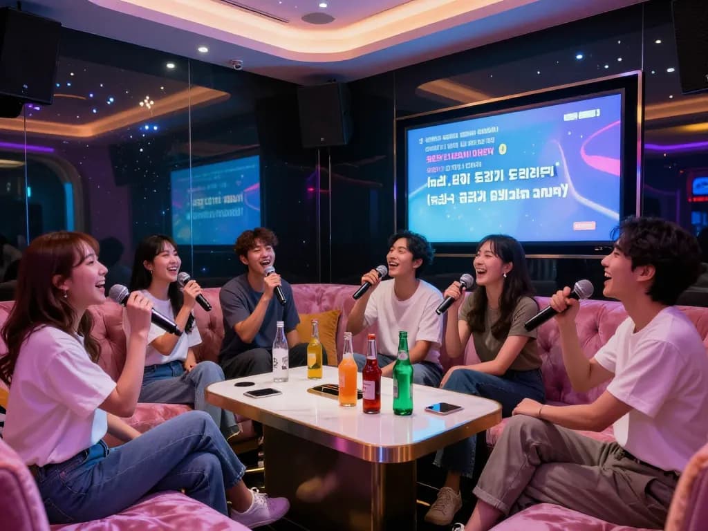 화려한 조명이 있는 고급스러운 노래방에서 시간을 즐기는 친구들 그룹입니다.