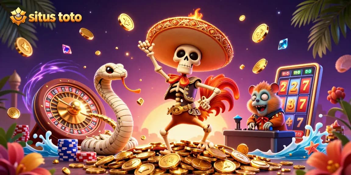 Win big with situs toto gaming featuring an animated casino scene bursting with action.