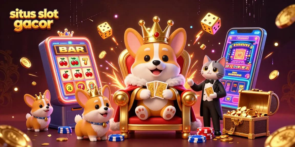 Experience thrilling wins at situs slot gacor with royal corgi, slot machines, and vibrant casino elements.