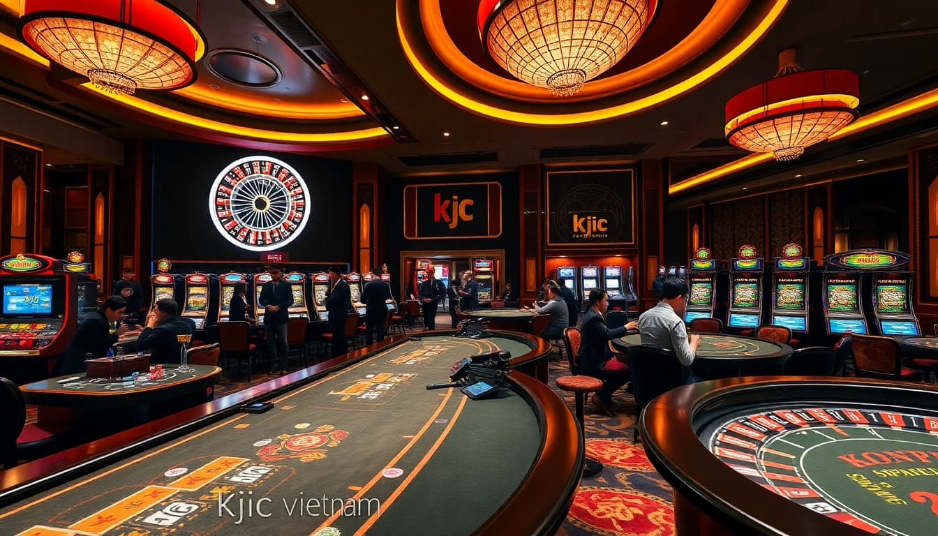 KJC Vietnam providing an exciting gambling atmosphere with vibrant casino tables and slot machines.