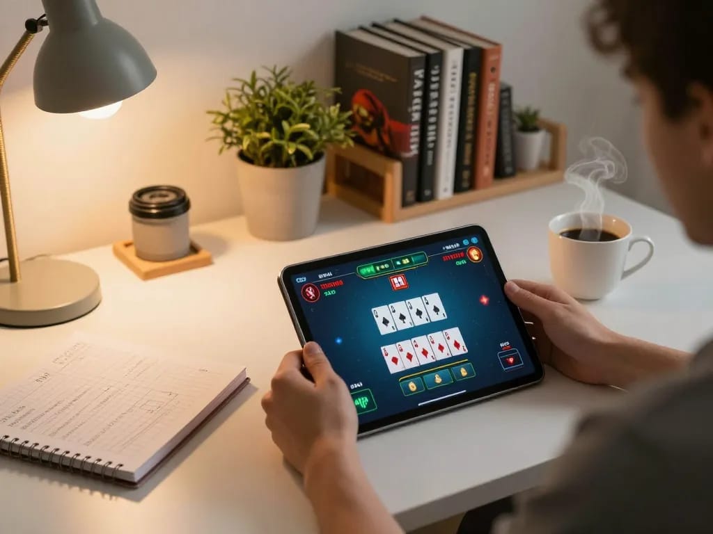 Luck8 player engaging in an online poker game from a cozy home setup, showcasing tablet interface and strategy notes.