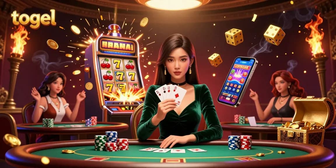 Engage in thrilling togel gameplay with a stunning Asian woman at a luxury poker table surrounded by vibrant casino elements.
