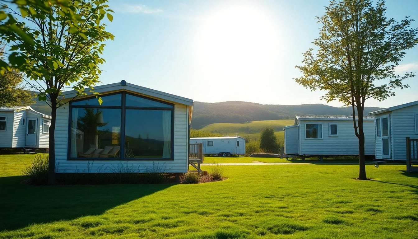 Experience the beauty of Static Caravans harmoniously situated in a tranquil countryside setting.