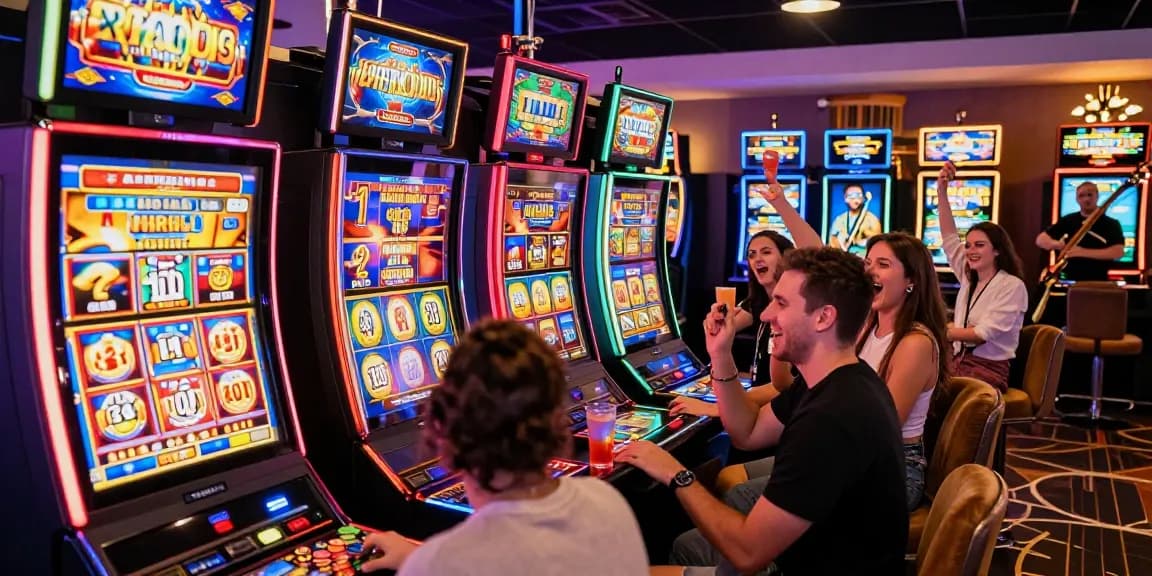 Energetic casino scene with players enjoying vibrant slot machines, showcasing the excitement of slot gaming.