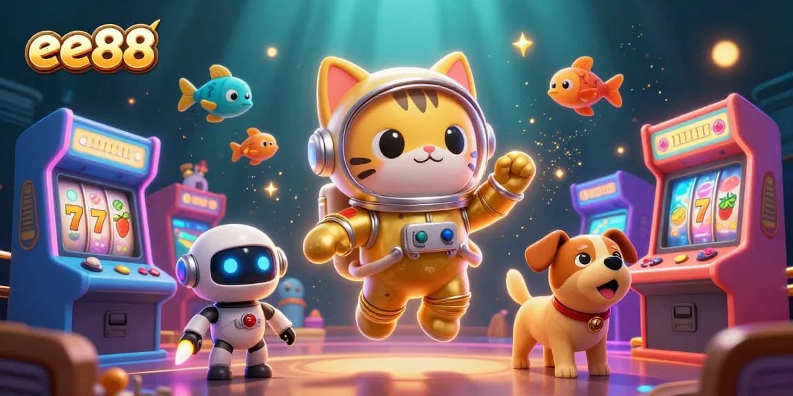 Experience the thrilling adventures in gambling with ee88, featuring a cat in a golden space suit amidst vibrant casino elements.