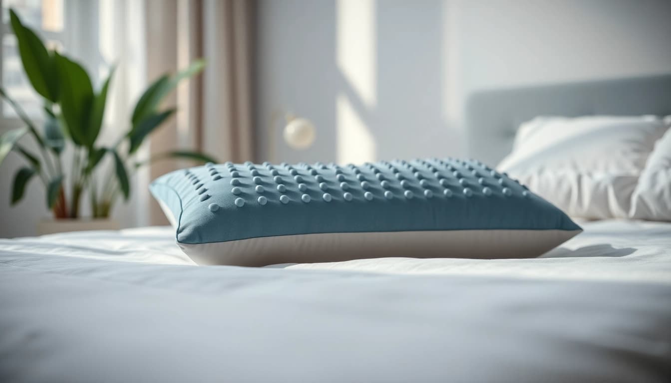 Akupressurkissen in entspannendem Schlafzimmer mit beruhigenden Pflanzen und natürlichem Licht.