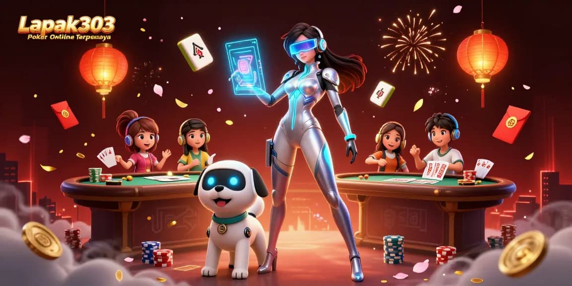 Visualize winning at Lapak303 Poker Online Terpercaya with vibrant characters and dynamic casino elements.