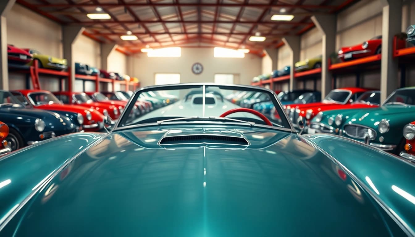 Experience secure classic car storage with meticulously organized vintage vehicles in a well-lit facility.
