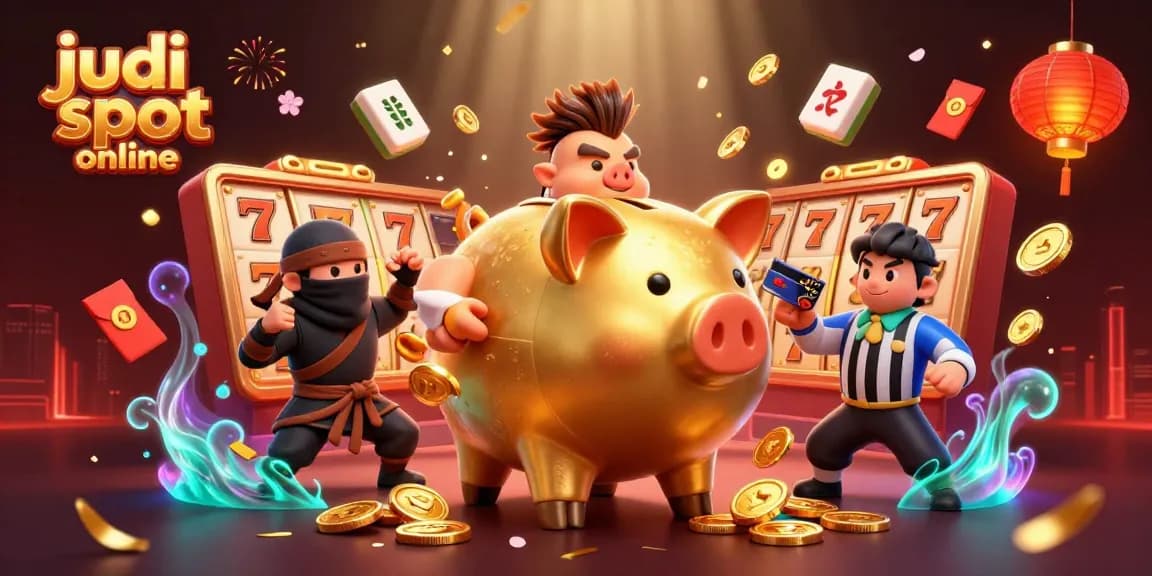 Spin the judi slot online in an energetic scene with a golden piggy bank warrior, dynamic slot symbols, and festive decorations.