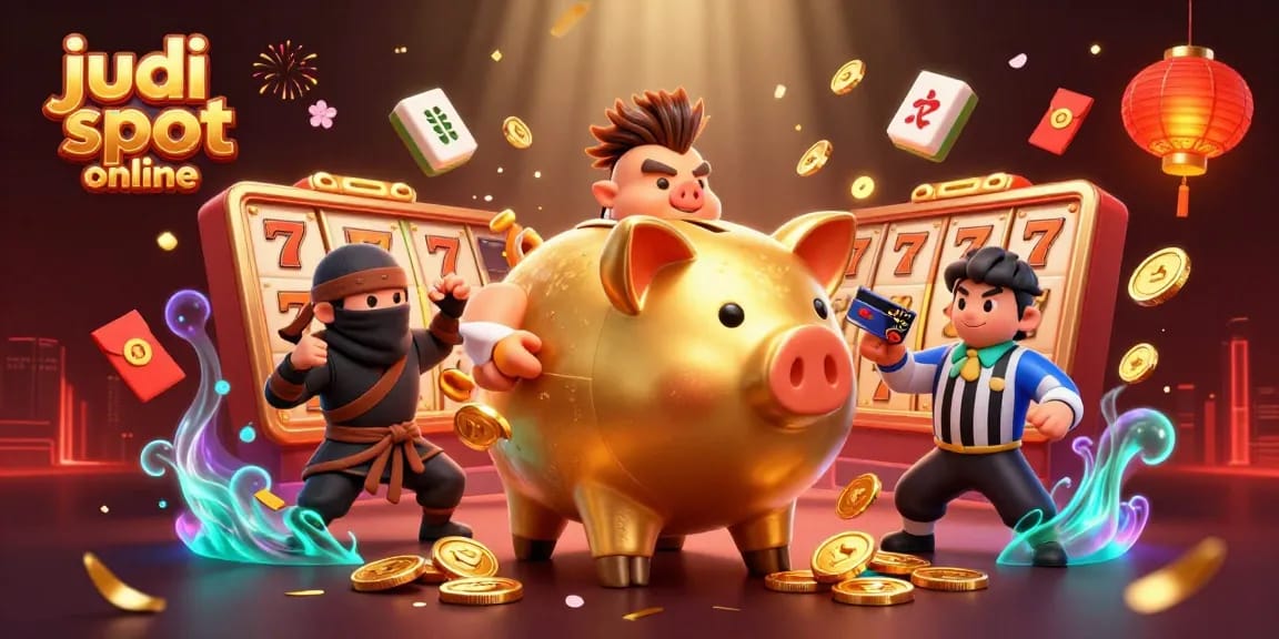 Spin the judi slot online in an energetic scene with a golden piggy bank warrior, dynamic slot symbols, and festive decorations.