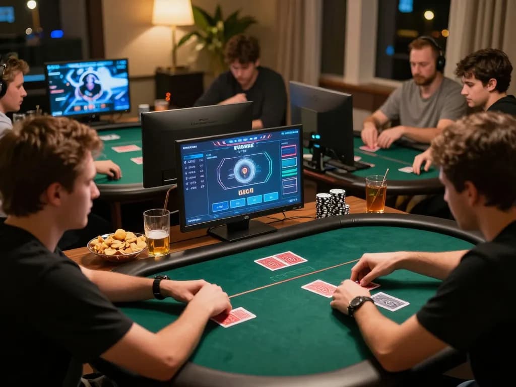 Players strategizing in an online poker game with kkwin in a comfortable home setting