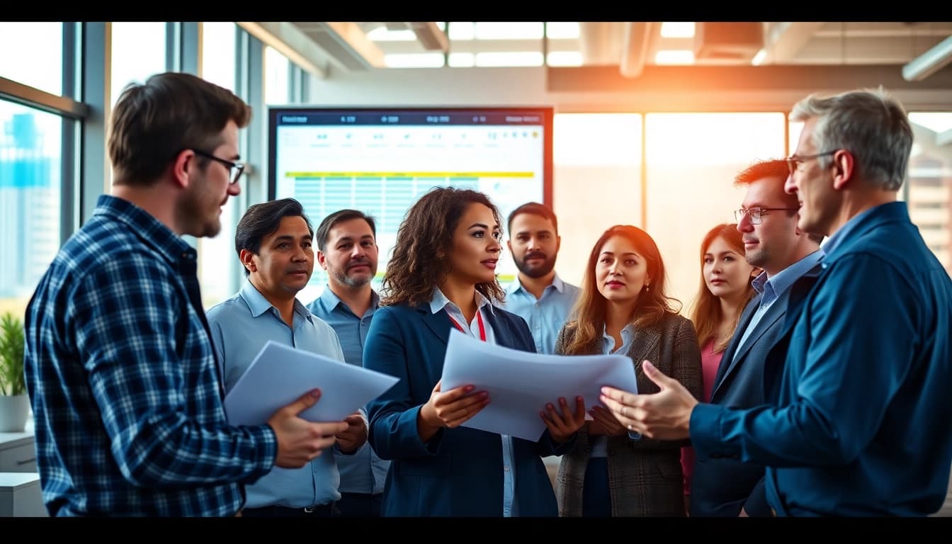 Team of professionals collaborating in a construction member organization during a meeting.