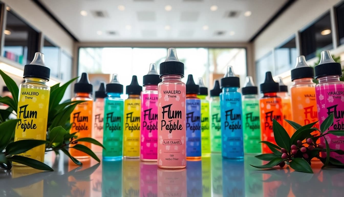 Explore vibrant flum pebble flavors displayed in a modern vape shop setting.