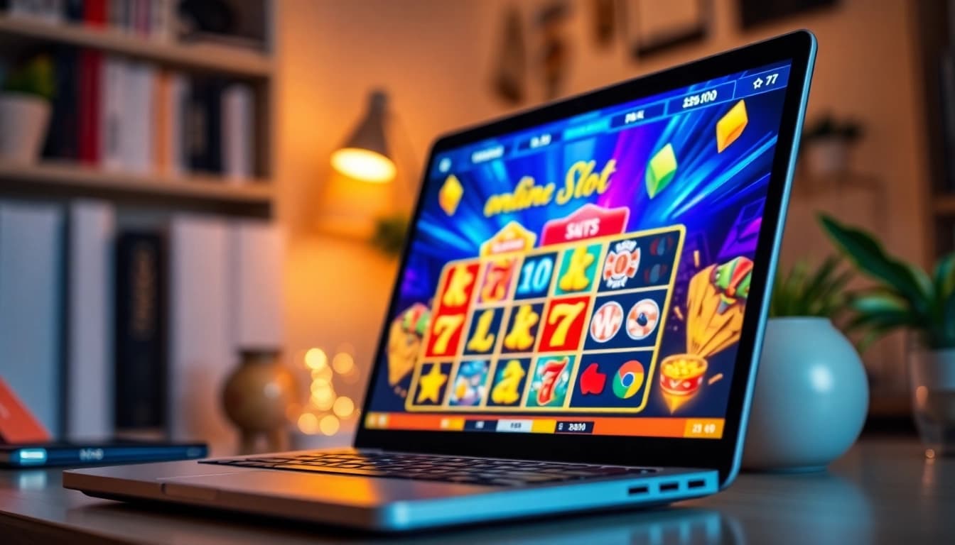 Engaging online slots Uk interface displayed on a laptop in a cozy home setting.